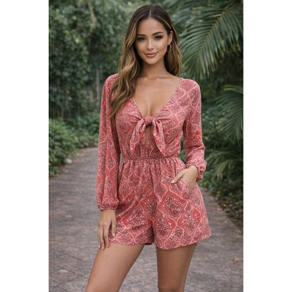 Gianni Bini Pants - Gianni Bini Kelsey Romper Grenadine Red Paisley Medallion Tie Back XS